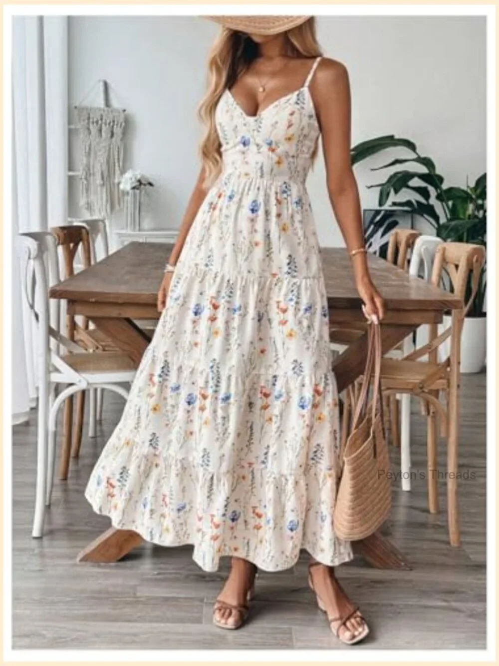 Floral Boho Maxi Dress Tiered Ruffle Spaghetti Strap Casual Summer Vacation - Picture 3 of 5